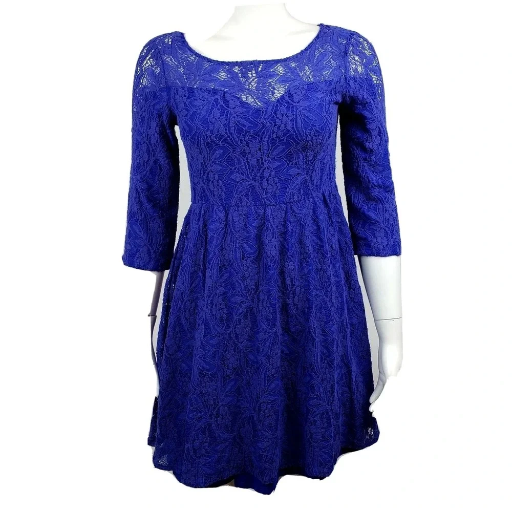 Free People Dress Womens Size XS Blue Lace Long Sleeve Shake It Up Festival Boho